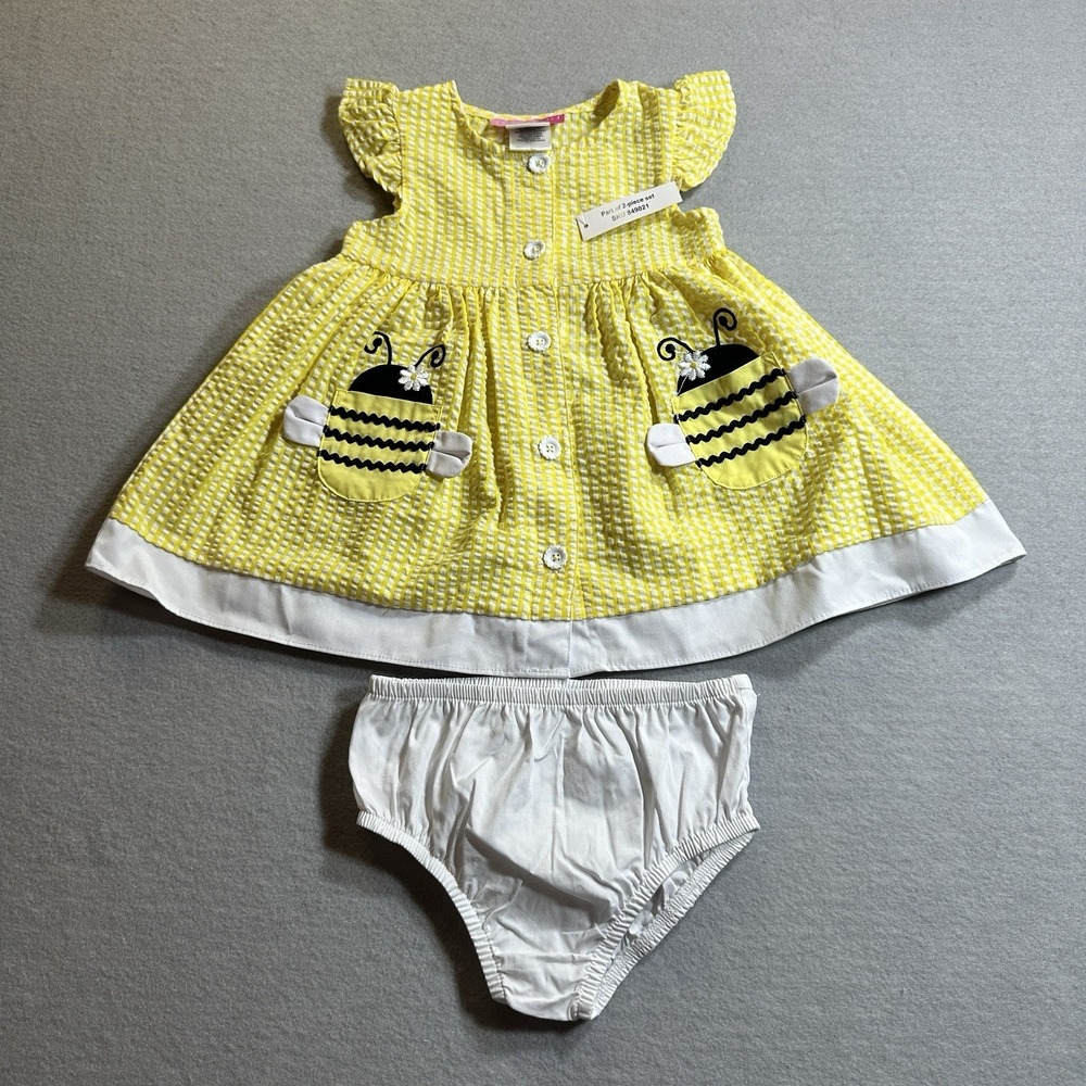 Good Lad Baby Girl Dress Bloomer Set 18M Yellow Gingham Bee Applique Button NWT